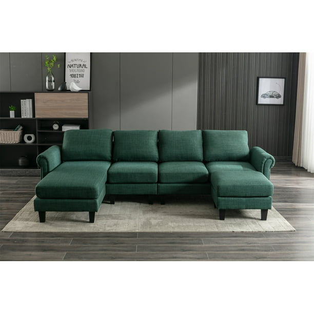 Sectional Sofa Set with Ottoman, U Shaped Linen Upholstered Living Room ...
