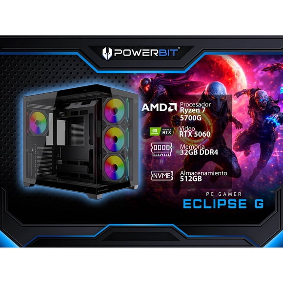PC Gamer Powerbit Eclipse G: AMD Ryzen 7 5700G, RAM 32GB DDR4, SSD 512GB, RTX 5060, Windows 11 Home