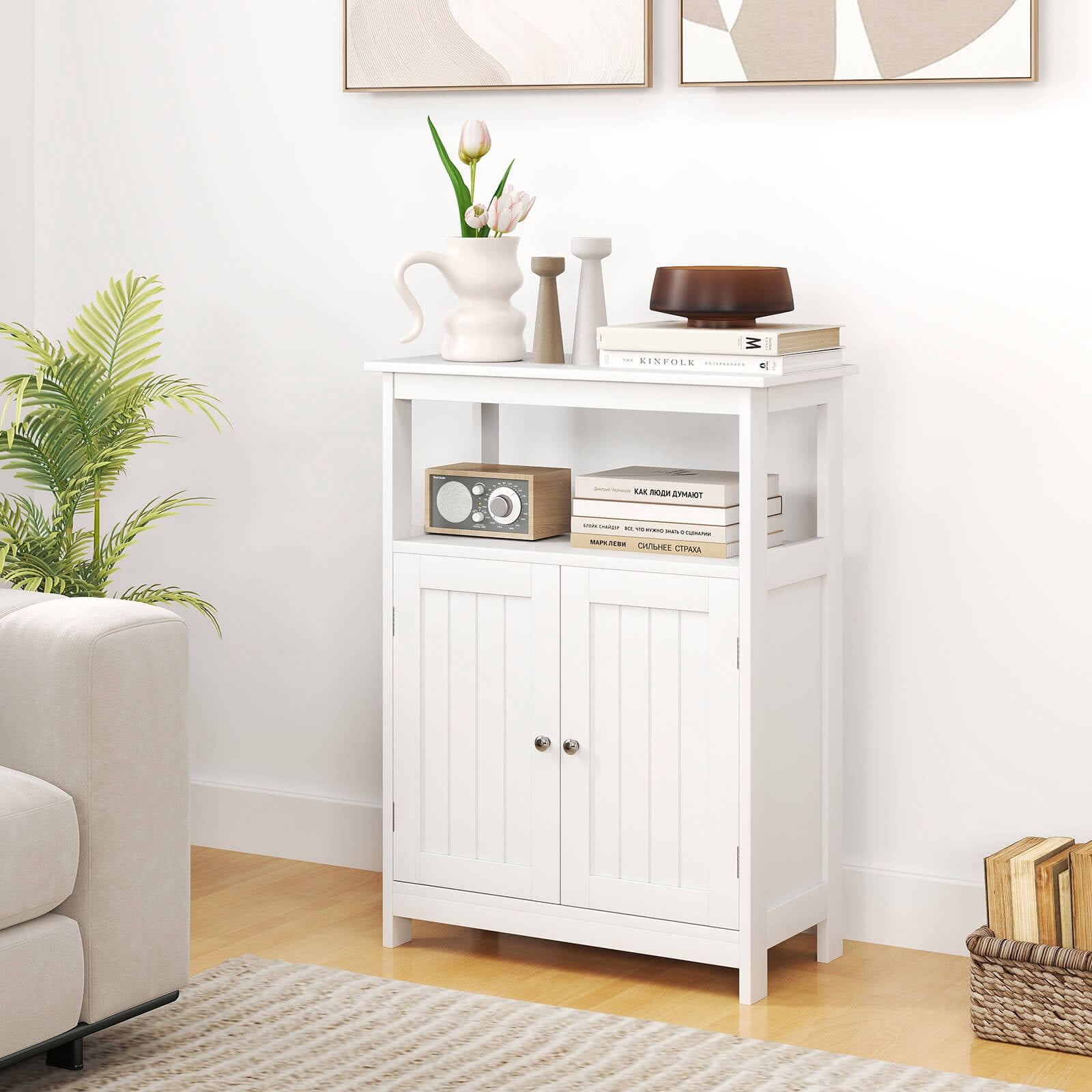 Costway Bathroom Floor Cabinet Freestanding Storage Organizer with 2 Doors Open Compartment White