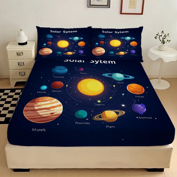 3-Piece Solar System Diagram Print Bed Sheet Set - Ultra Soft Fitted Sheet & Pillowcases, Floral Bedding Collection for Girls, Teens and Adults