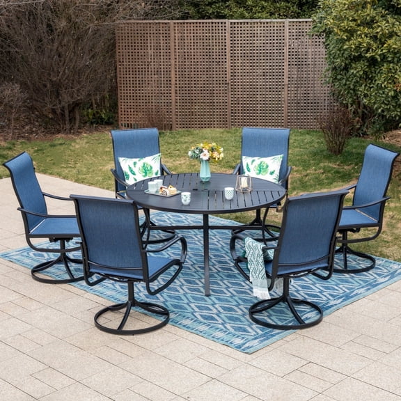 SUMMIT LIVING 7-Piece Metal Outdoor Patio Dining Set, 6 Swivel Textilene Chairs and 54" Round Table with Umbrella Hole for 6, Black & Blue