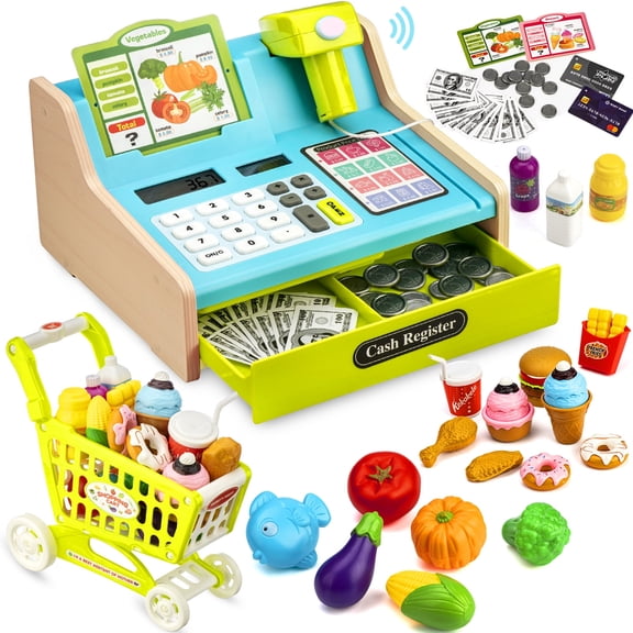 VROGTIK Wooden Toy Cash Register with Scanner, Realistic Role-Play Set for Kids Ages 3-8, Blue-Green with Shopping Cart