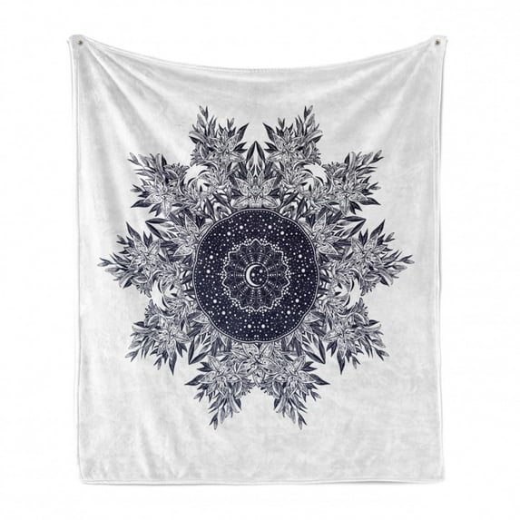 Galaxy Mandala Soft Flannel Fleece Throw Blanket, Space Themed Moon and Star Composition Ornate in Lily Flowers, Cozy Plush for Indoor and Outdoor Use, 50" x 60", Baby Blue Night Blue, by Ambesonne