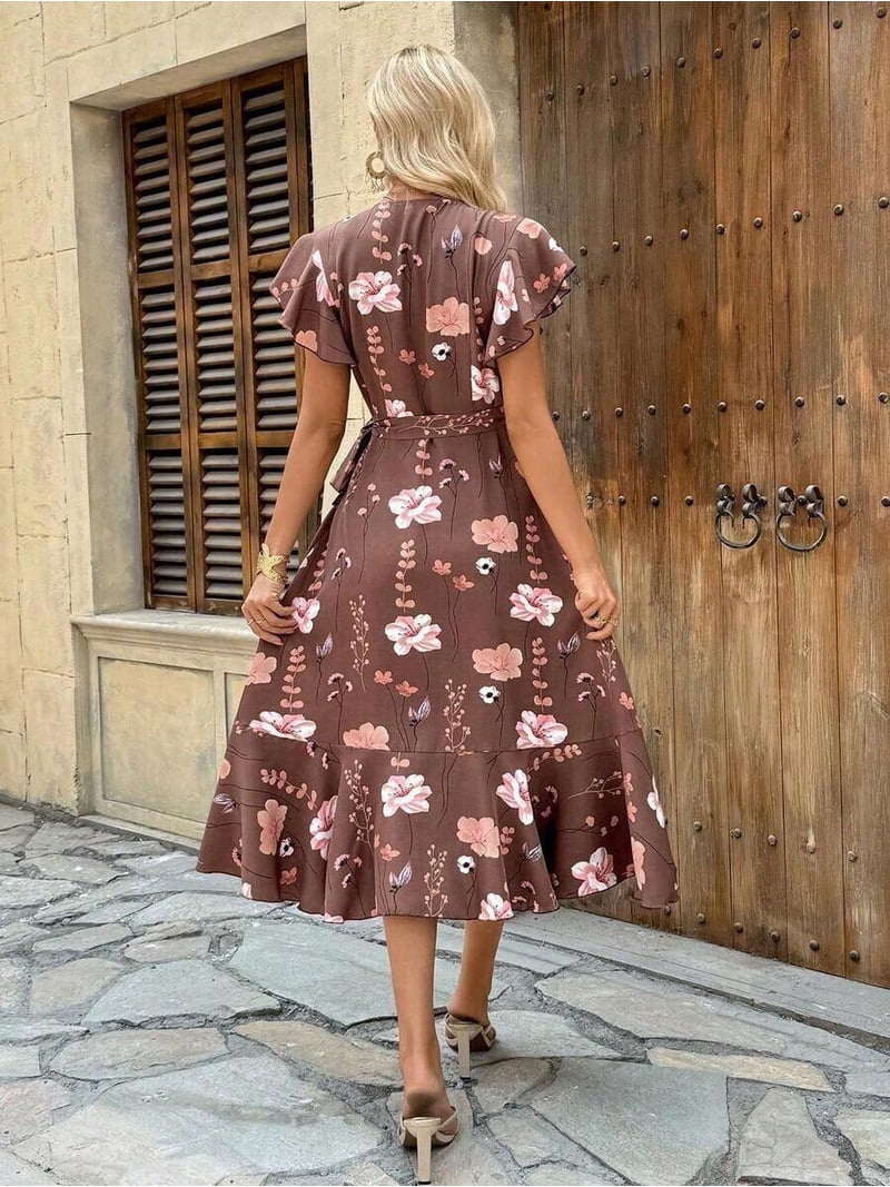 brown dress with floral print Wrap Midi Ruffle Sleeves And Tiered Skirt For Women, Women's, Size: Small timeless style designed for