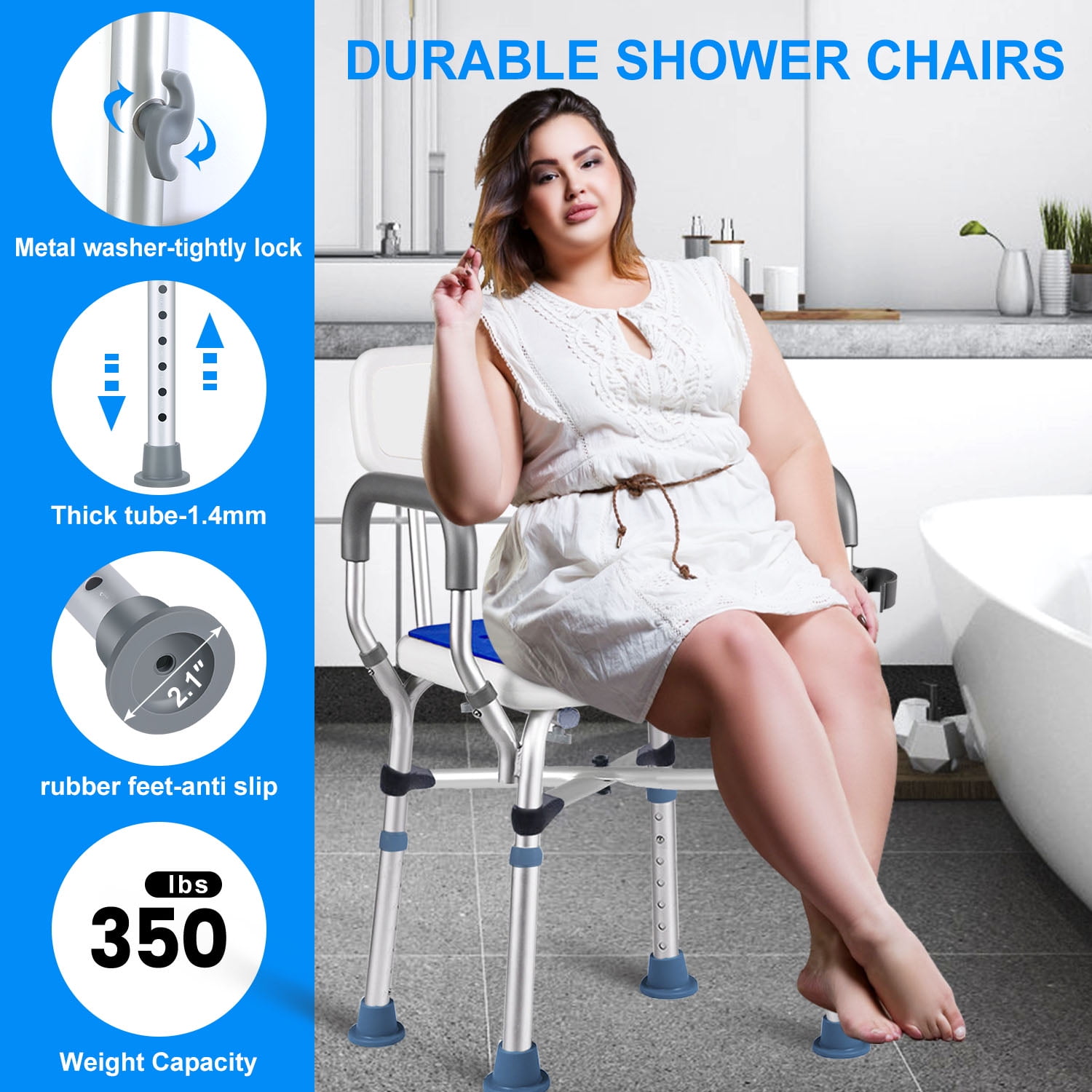 Shower Chair, Shower Stool with Shower Grab Bar for Bathtub , Adjustable Shower Seat Supports up to 500 lbs., White