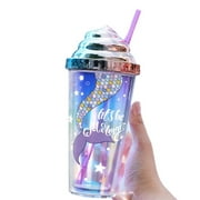 Summer Straw Cup with Sealing Cover, Double-Layer Reusable Tumbler Cup with Mermaid Patterns, BPA Free