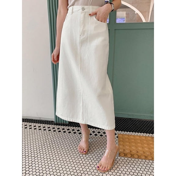 White Denim Straight Midi Skirt With Side Slit Pocket Casual