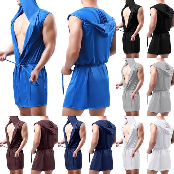 Wiyuqeen Men Lightweight Sleeveless Hooded Bathrobe Solid Summer Sleep Robe Adjustable Tie Waist Knee Length Loose Loungewear for Hot Weather Bedroom Rest Daily Indoor Wear