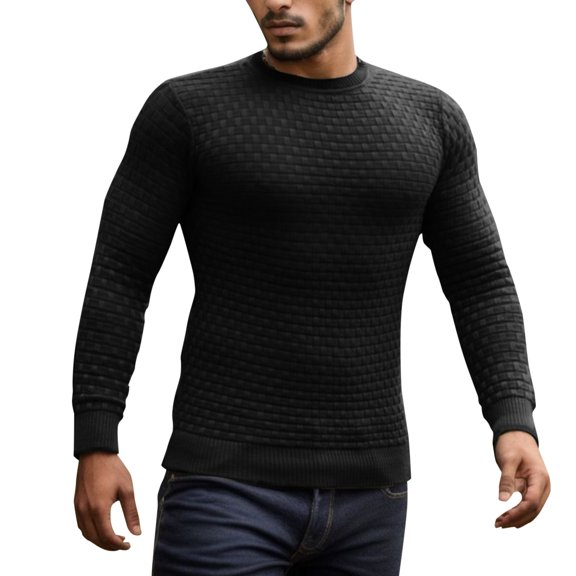 Wotryit Mens Shirts Mens T Shirt Long Sleeve Slim Fit Round Neck Pullover Jacquard Small Square Versatile Knit Shirt Black 2XL