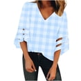 thumbnail image 2 of Wycnly Womens Blouses and Tops Dressy Mesh Patchwork Flared Sleeve Loose Fit Chiffon Pullover Shirts 2024 Summer V-Neck 3/4 Sleeve Plaid Print Casual Blouses Light Blue s, 2 of 7