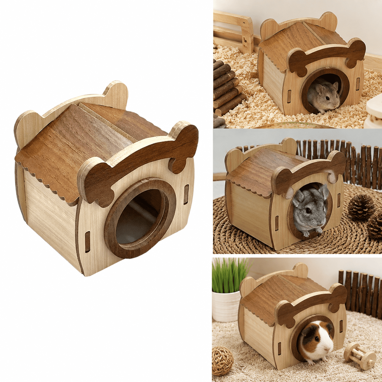 Liujiale Guinea Pig Chinchilla Hideouts, Indoor Cat House Habitats Cages Accessories Wooden Hides, for Hamster Squirrel Small Bunny Rat Mouse Brown