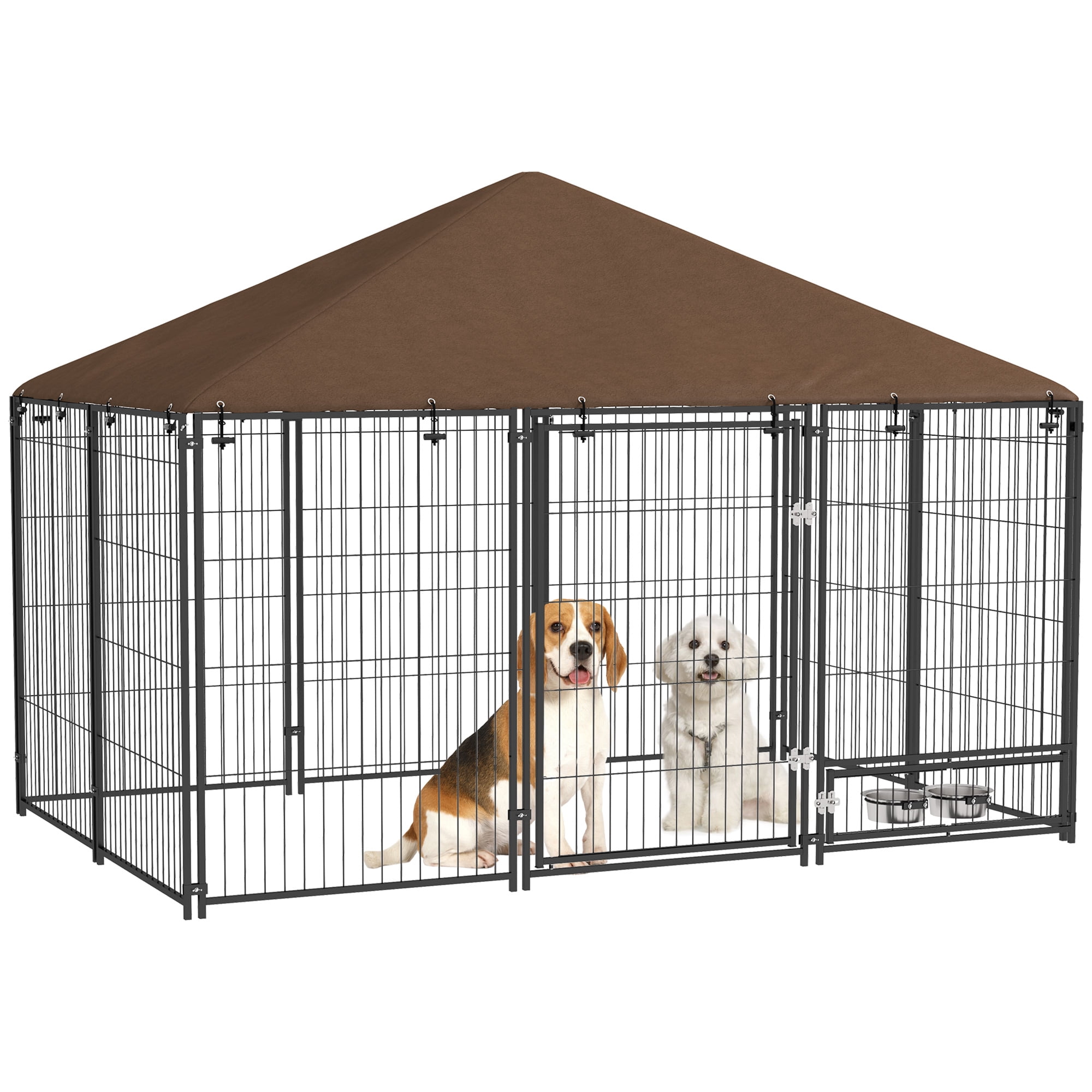 PawHut Outdoor Dog Kennel, 6.9' x 4.6' x 5' Puppy Play Pen with Canopy Garden Playpen Fence Crate Enclosure Cage Rotating Bowl, Black