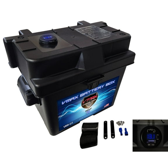 VMAX Group U1 12V Universal Battery Box w/ strap Voltmeter dual USB/USB-C heavy duty marine