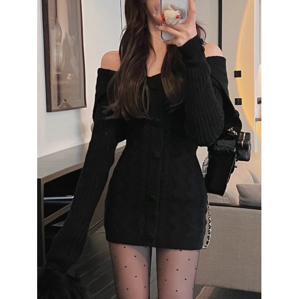 Vestido de punto Vintage de una pieza para mujer, elegante con hombros descubiertos minivestido, moda Coreana de diseñador, Y2k, para fiesta, invierno, 2024