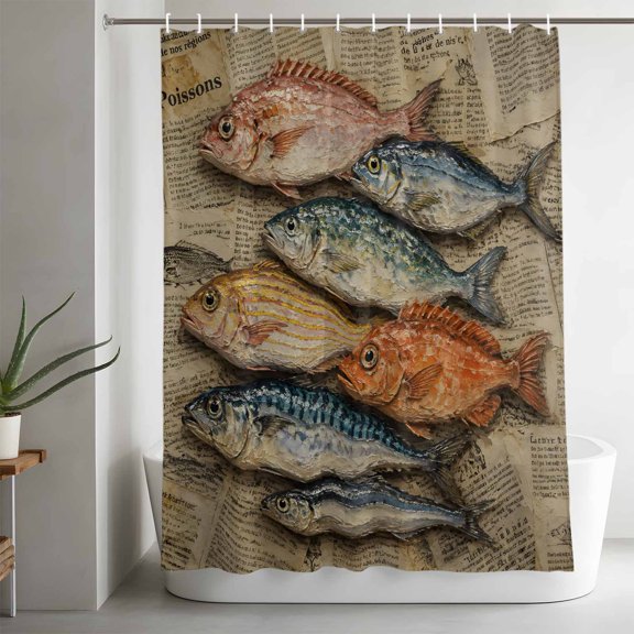 Shower Curtains for Bathroom-36"x72",Vintage Coastal Fishes Waterproof Bath Curtain Grommet Shower Curtain Set with Hooks,