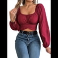 thumbnail image 3 of Blusa Corta con Volantes, Cuello Cuadrado y Fruncido para Mujer, Larga y Lazo Anudado Rojo Vino XL, 3 of 10