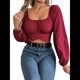 thumbnail image 3 of Blusa Corta con Volantes, Cuello Cuadrado y Fruncido para Mujer, Larga y Lazo Anudado Rojo Vino XL, 3 of 10