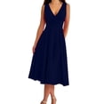 thumbnail image 2 of Miluxas Women's Cocktail Party Evening Dress Wrap V Neck Sleeveless Midi Dress Ruched High Waist A Line Solid Color Swing Dress Wedding Guest Gown Navy, 2 of 5