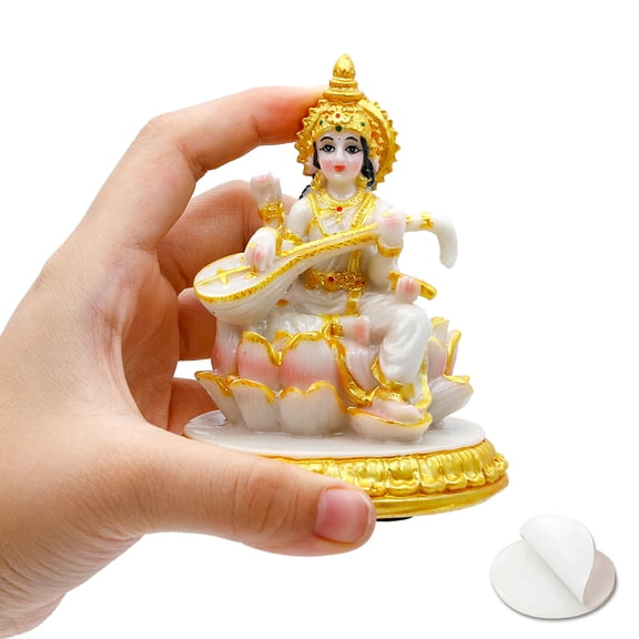 Saraswati Statue for Car Dashboard - Hand-Painted 3.9”H Polystone Marble Color Hindu Goddess Lord Saraswati Idol for Car Decor Ideal Birthday Diwali Wedding Gift for Indian Friend