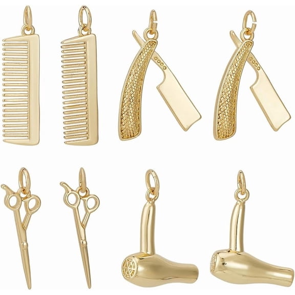 1 Box 8Pcs Hair Stylist Charms 18K Gold Plated Brass 4 Styles Scissor Comb Hairdryer Tools Charm for Haircut Theme Jewellery Making Gold