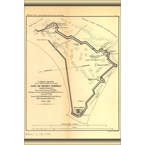 24"x36" Gallery Poster, map rebel works Smiths Island north carolina 1865
