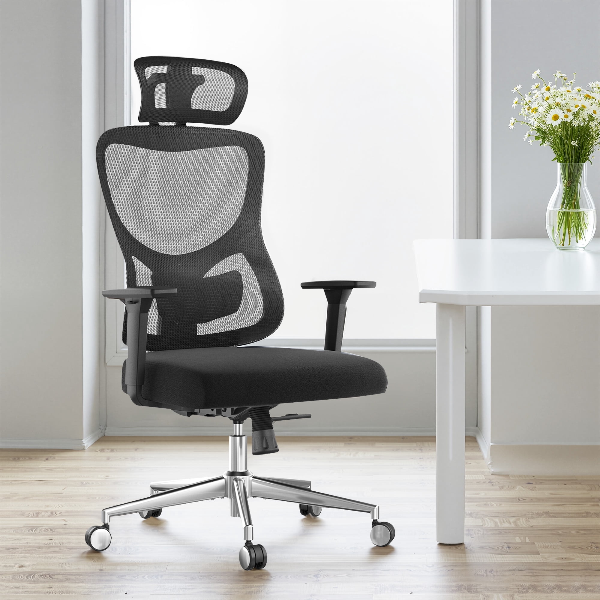 MAYEERTY Ergonomic Mesh Home Office Chair with Headrest, Adjustable Lumbar Support, 3D Armrests, Black