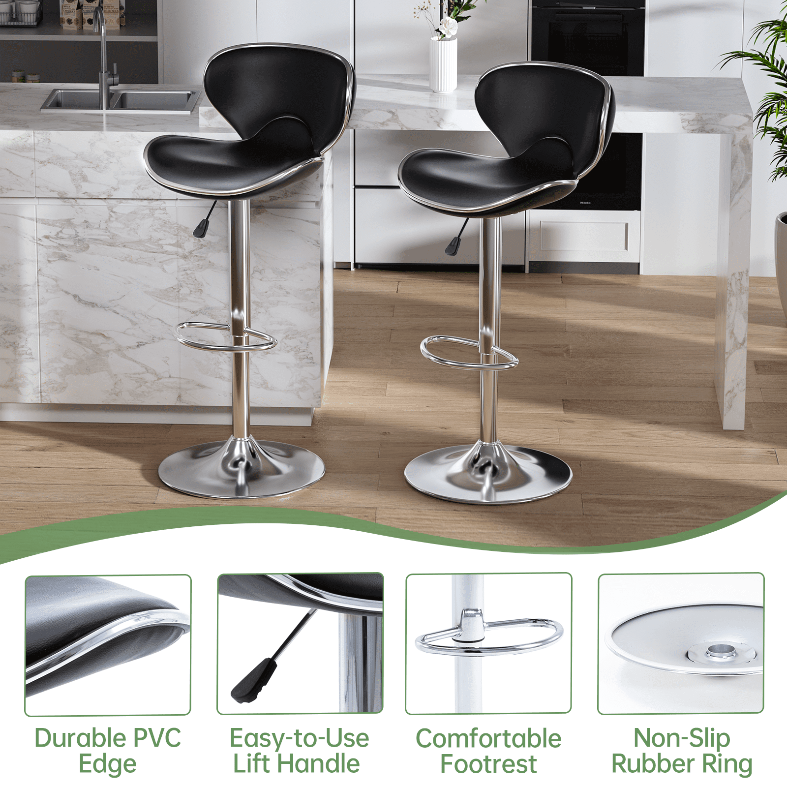 Bar Stools Set of 2, Adjustable Swivel Barstools, Modern PU Leather Counter Height Stools with Back and Footrest for Island, Dining, Bistro, Pub (Black/Silver Base)