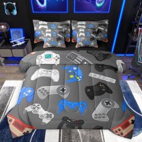 jejeloiu Kids Gamepad Controller 7pcs Bedding Comforter Set,Gamer Gaming Queen Bedding Sets,Gray Blue Queen Sheet Sets For Adults,Ultra Soft Home Decor Reversible