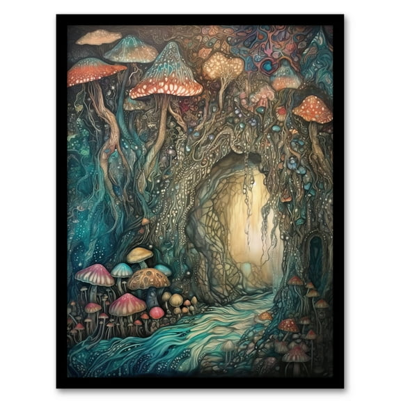 Mystical Cave With Bioluminescent Mushrooms Watercolour Painting Blue Orange Red Shimmering Crystals Fantasy Landscape Colourful Magical Nature Modern Art Print Framed Poster Wall Decor 12x16 inch