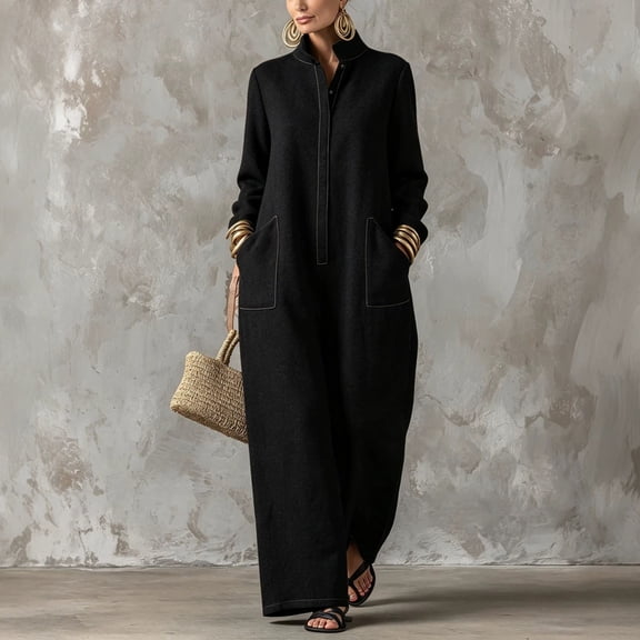 Morttic Women's Stand Collar Long Sleeve Single-Breasted Jumpsuit – Casual Relaxed Straight Long Jumpsuit with Side Pockets Black,S
