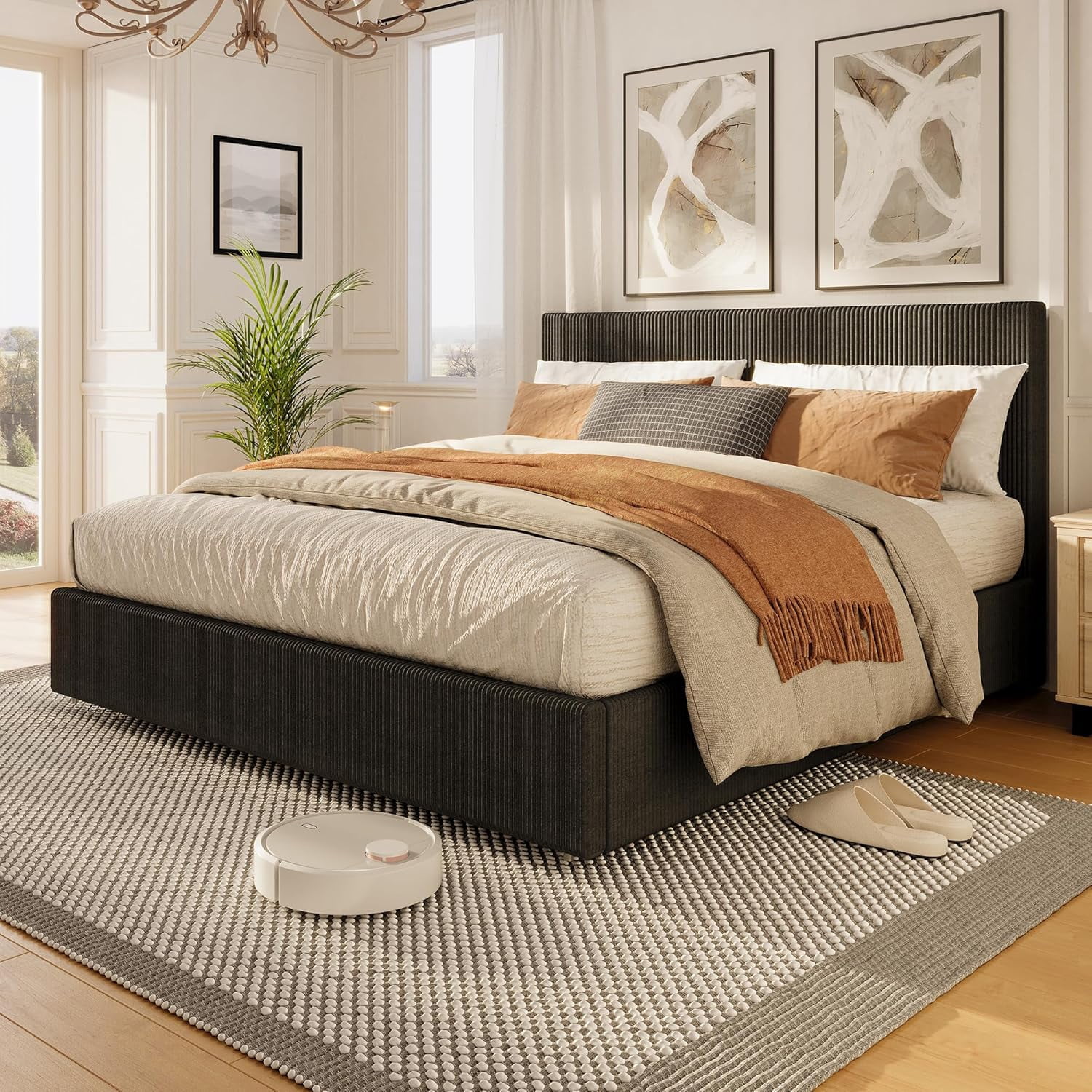 King Size Platform Bed Frame with 4 Storage Drawers, Upholstered Corduroy Channel Tufted Headboard Bed Frame with Strong Wooden Slat Support, No Box Spring Needed, Black