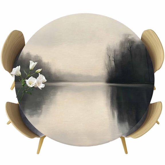 Black Beige Lake Round Tablecloth 55-60 Inch Round Fitted Table Cloth with Elastic Edge, Abstract Vintage Aesthetics Waterproof Table Cover Protector for Outdoor Picnic Party Dining