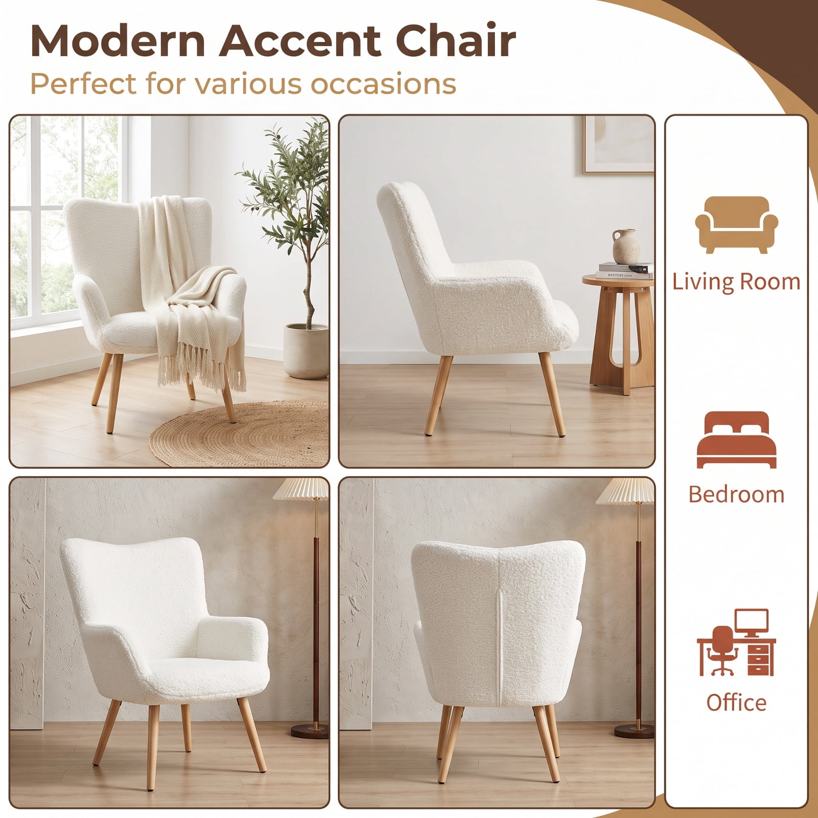 Furnibear Mid Century Modern Accent Chair with Cozy Sherpa Upholstery Padded Armrests and Solid Rubber Wood Frame for Living Room and Bedroom, White