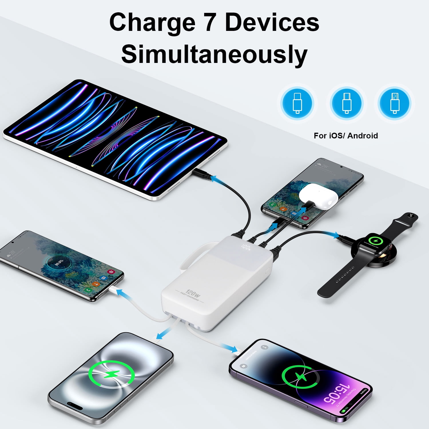 30000mAh Portable Charger Power Banks for iPhone Cell Phones with Built in Cables,HopePow LED Power Display Charging Banks Compatible with iPhone 16 Plus/Pro Max/15//14 Series,Samsung,Android(White)
