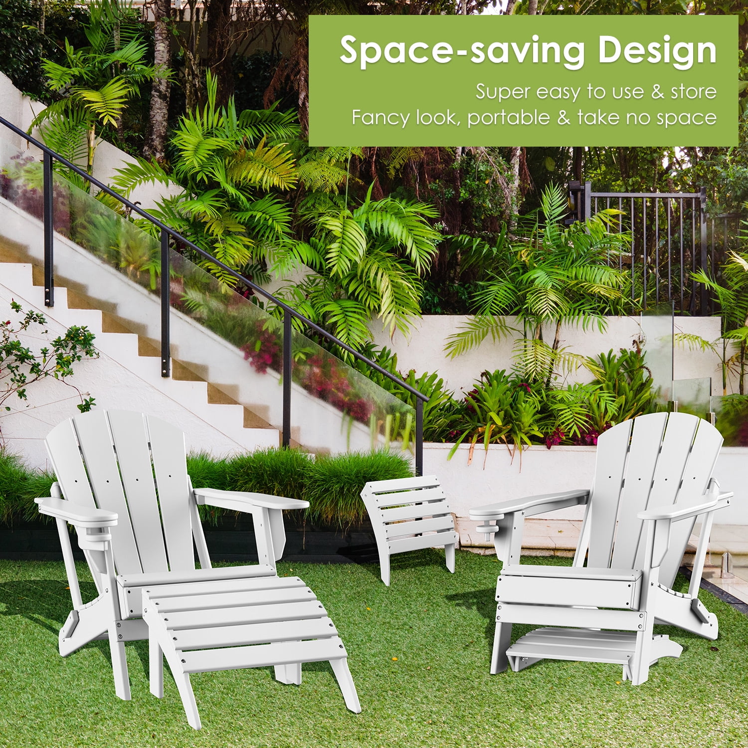Folding Adirondack Ottoman HDPE Outdoor Adirondack Chair Footrest for Outside Indoor,19.7in W,White