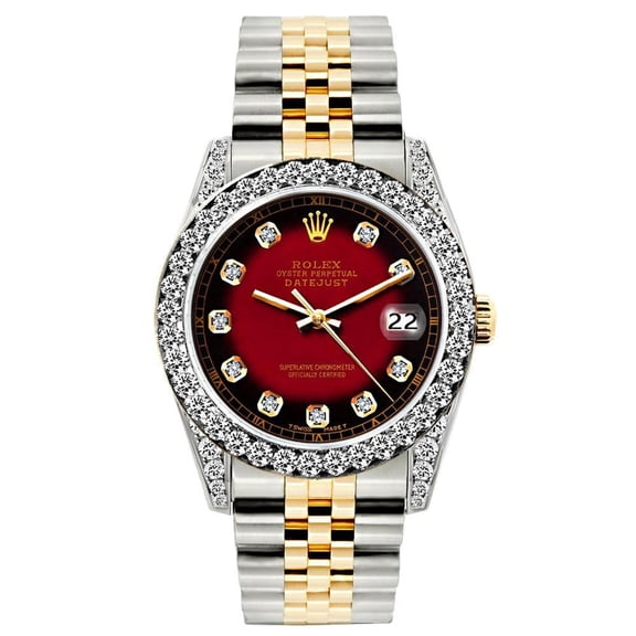 Pre-Owned Rolex Datejust 26MM 6917 Red Diamond Dial Diamond Bezel Two Tone Yellow Gold Jubilee Bracelet 1.2ct