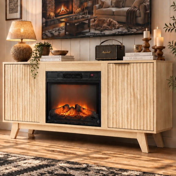 Ktaxon Modern Fluted TV Stand with Fireplace for 55/60/65" TVs, 2 Doors Storage Entertainment Center with Electric Heating Mantel, Natural Wood