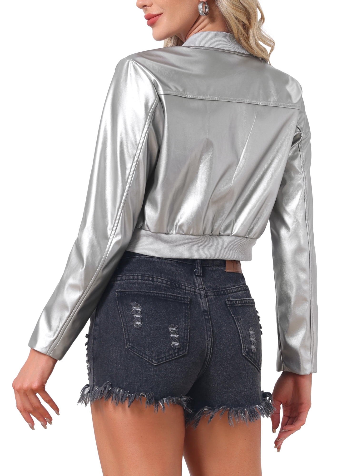 INSPIRE CHIC Women's Bomber Jacket Cropped Faux Leather Jackets Casual Zip Up PU Moto Bike Outwear M Silver
