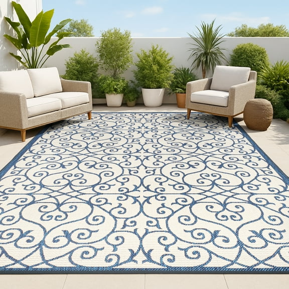 JONATHAN Y SANTA MONICA 9 x 12 Area Rug, Madrid Vintage Filigree Textured Weave - Navy/Beige, SMB107G-9