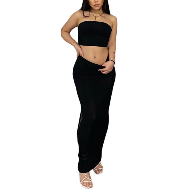 VISgogo Traje Casual para Mujer, Color Sólido Sin Mangas Sin Espalda Sin Tirantes Tops+Falda Larga Ajustada VISgogo moda