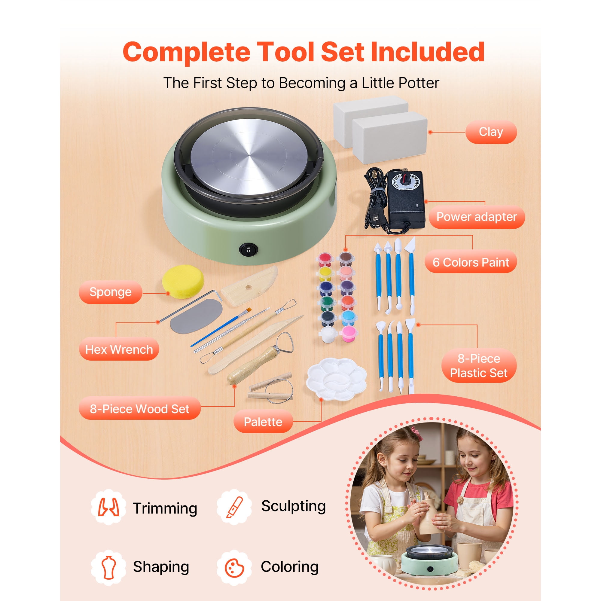 KFFKFF Mini Pottery Wheel with 6-Inch Turntable, Adjustable Speed, Forward and Reverse Rotation, Electric Clay Wheel for Beginners and Kids, Includes Shaping Tools, Ideal for DIY Projects and Pottery