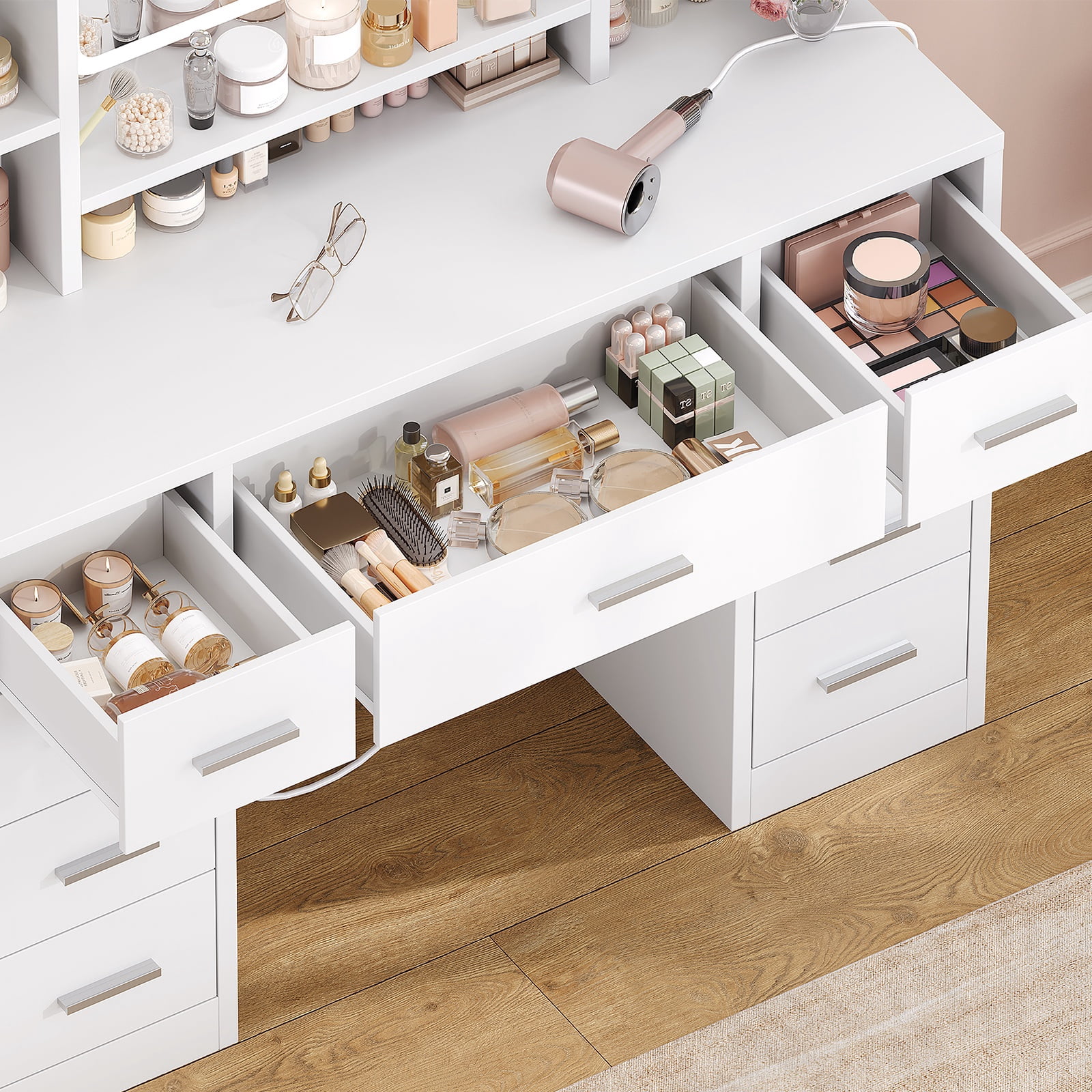 Makeup Vanity Set with Mirror and Lights , Vanity Table with 9 Drawers and 7 Storage Shelves, Vanity Desk for Bedroom, Dressing Room, White