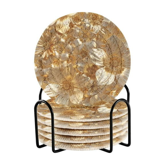 3d Gold Flowers 6 Pcs Drink Coasters with Holder Absorbent Coasters Woven Coasters for Drinks Table Desk Protection Home Decor
