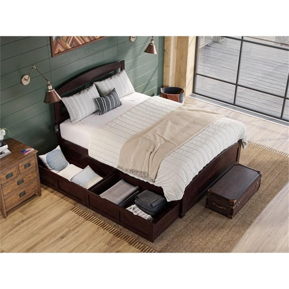 Warren Lit Plateforme en Bois Massif avec Pied de Lit 2 Tiroirs de Rangement Double Espresso