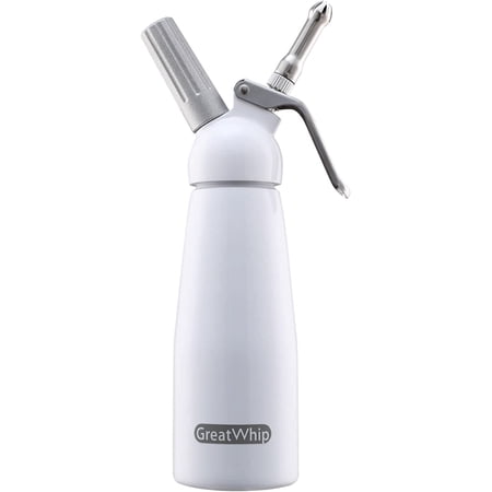 GreatWhip Whipped Cream Aluminum Dispenser Durable Cream Maker 500ml /1 Pint Large Capacity Cream Whipper with 3 Stainless Steel Nozzles & Cleaning Brush (White)