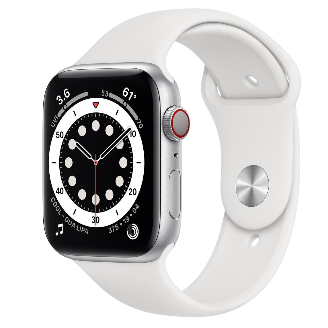 Apple Watch Series 6 GPS + Cellular, 44mm Silver Stainless Steel Case with White Sport Band - Regular