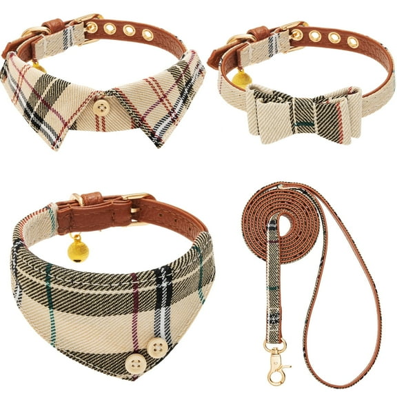 4PCS Leather Puppy Dog Collar Set – Plaid Bow Tie & Bandana & Shirt Collar with Bell, Adjustable Pet Collars & Walking Leash for Small Dogs, Puppies, and Cats