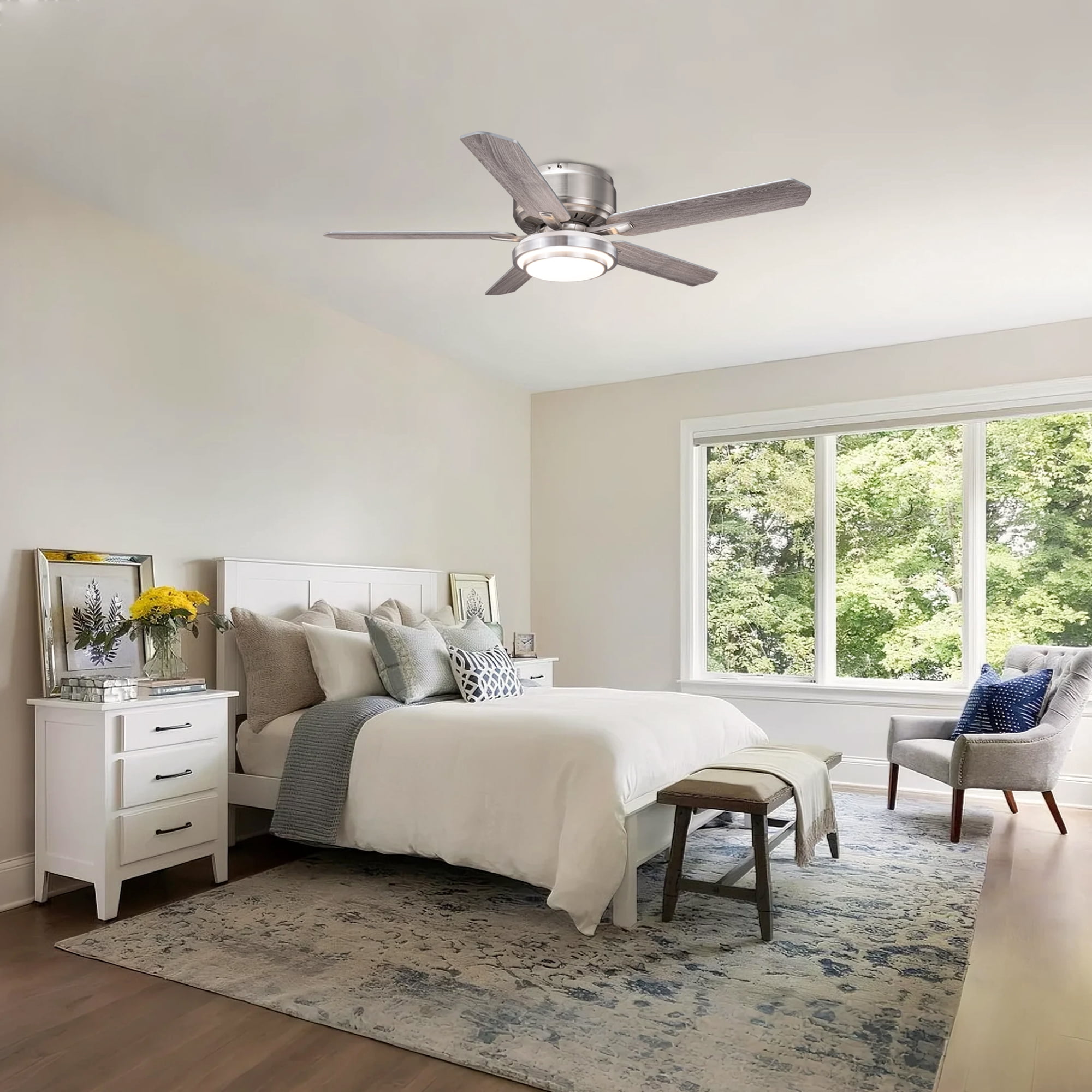 52" Modern Brushed Nickel Flush Mount Smart Ceiling Fan with Dimmable LED Light and Remote