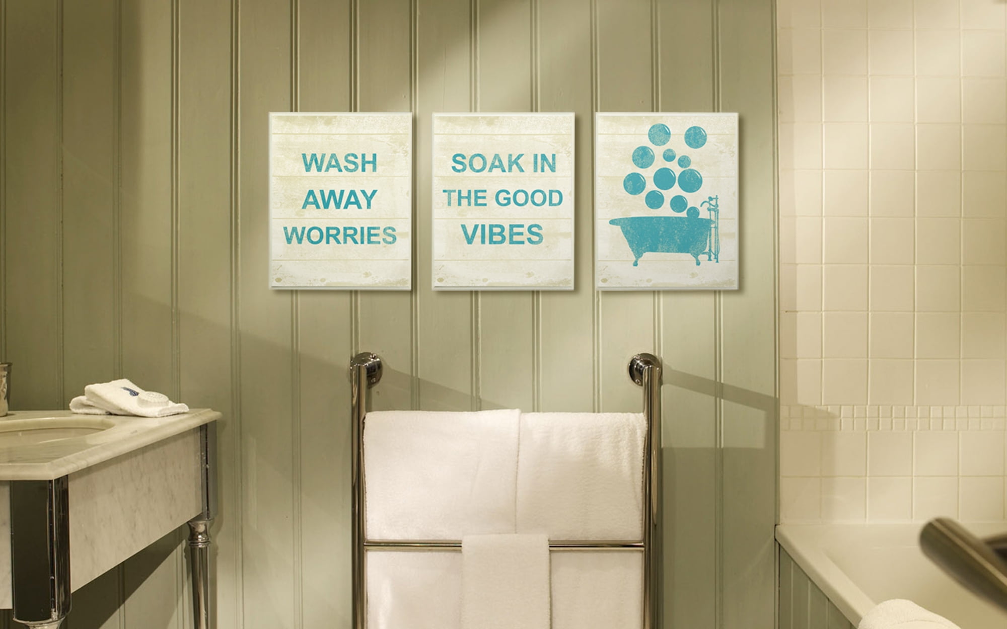 The Stupell Home Decor Collection Wash Away Soak Vibes Bathtub 3pc Wall Plaque Art Set, 3pc, each 10 x 0.5 x 15