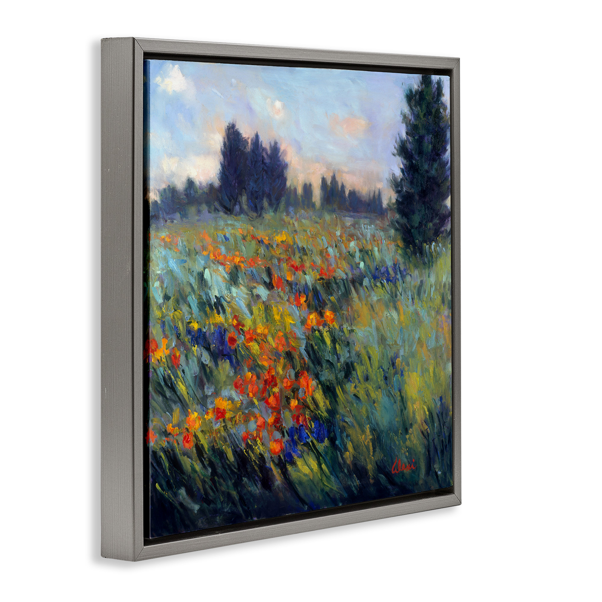 Stupell Industries Flower Meadow Landscape Landscape Painting Gray Floater Framed Canvas Art Print Wall Art, 25 x 25